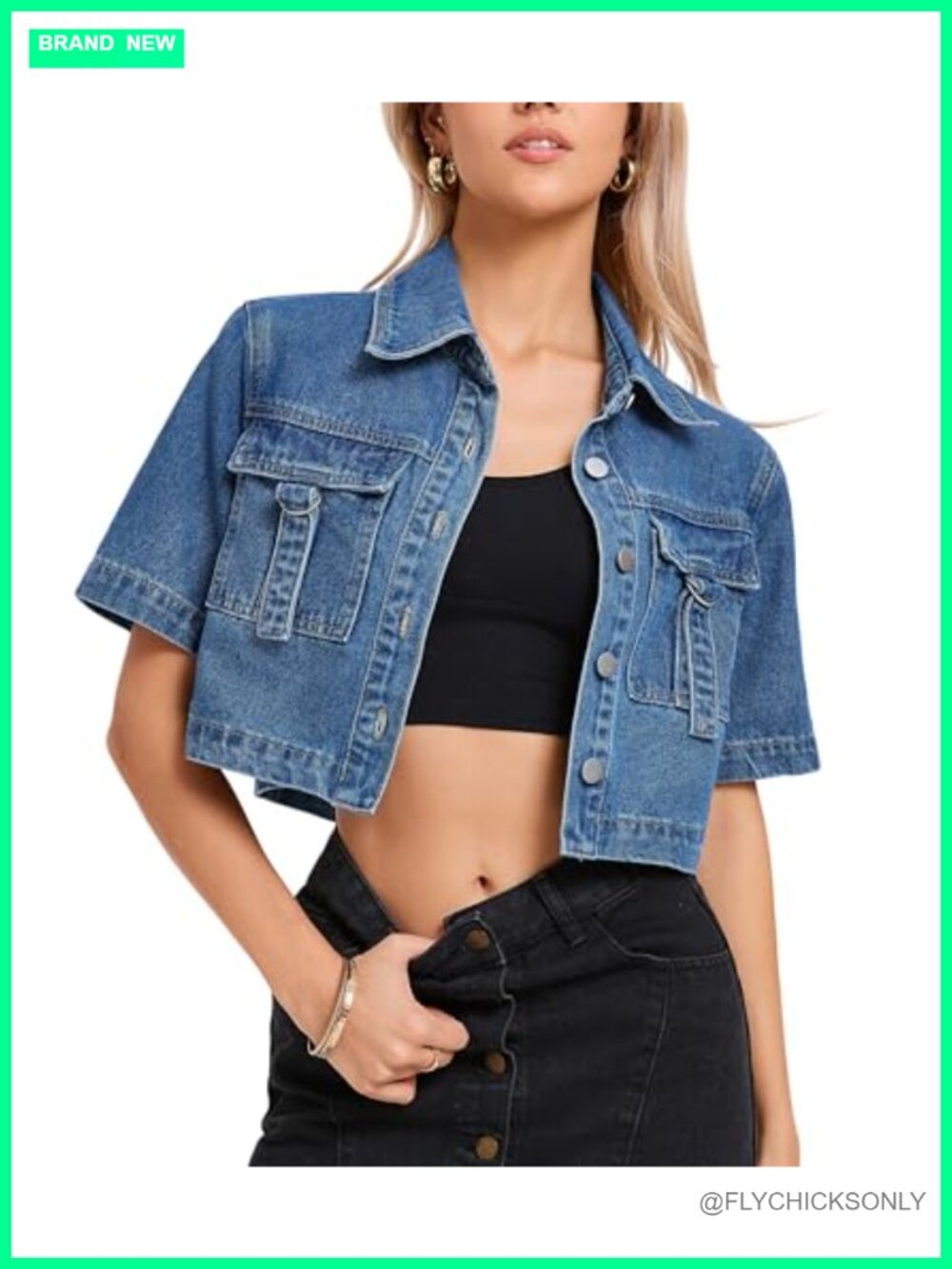 Short Sleeve Cropped Denim Jacket Button Down Jean Jacket for Women